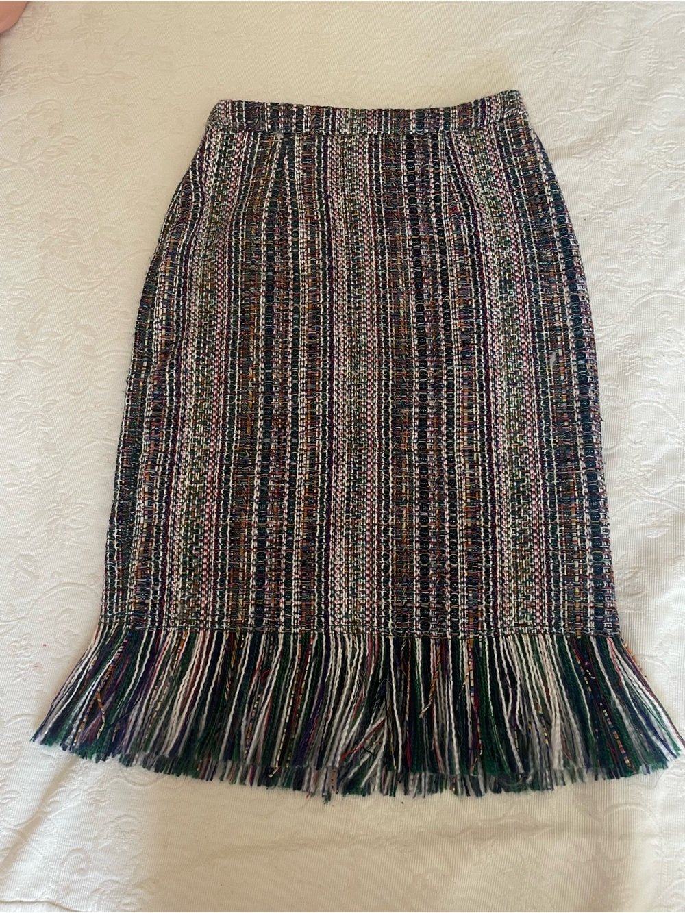 Anthropologie/Maeve Fringed Tweed Pencil Skirt in Multi-Color